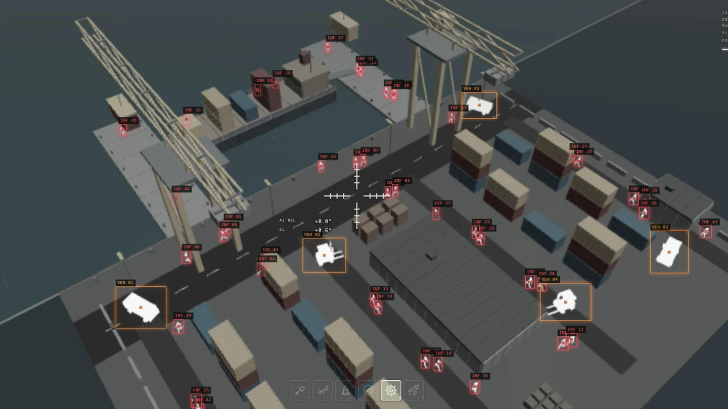 A gunship view of Stonefall’s cargo harbour, cranes and destructible buildings
